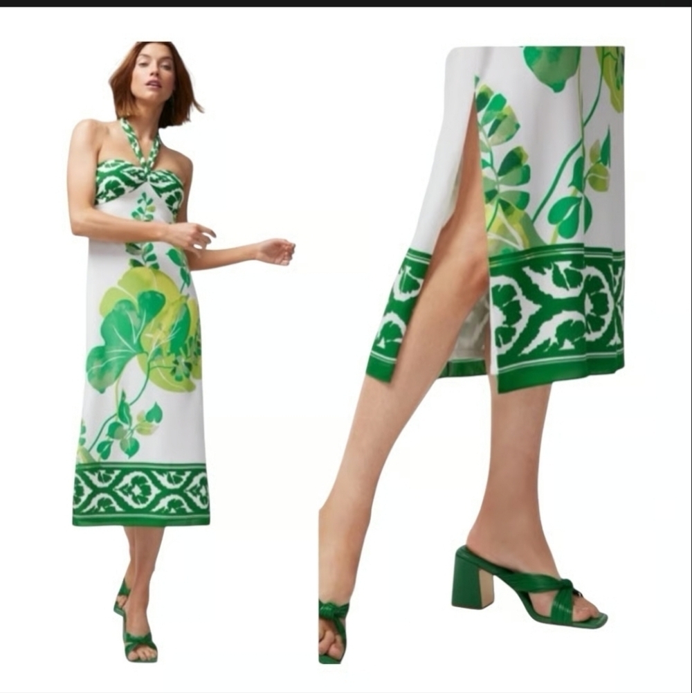White House Black Market Green and White Halter Maxi Dress Size 12
